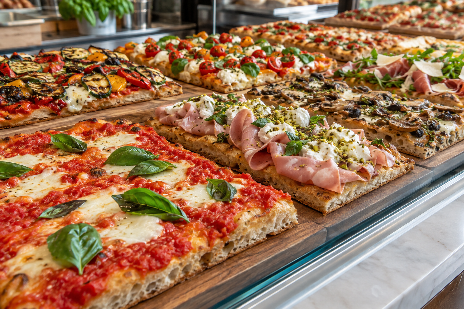 Mostrador con una selección de pizzas romanas de Dieciochogrados
